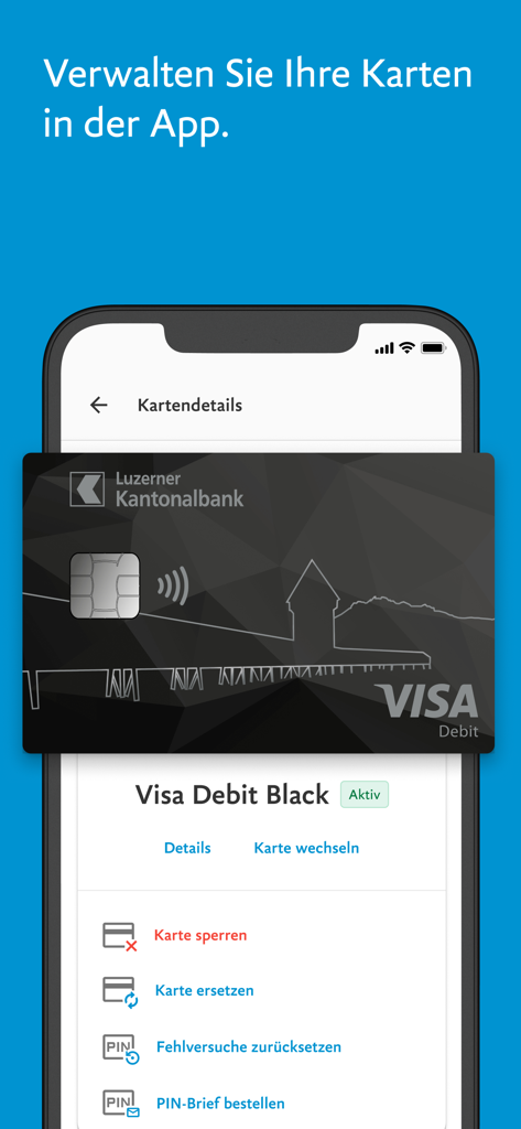 LUKB E-Banking app screen showing Visa Debit card management options