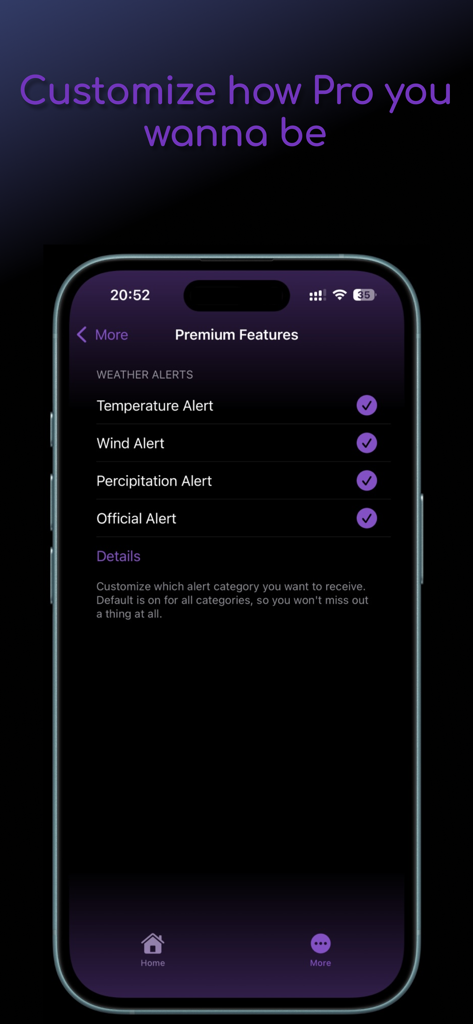imWeather - Forecast Alert - Écran des paramètres premium de l'application imWeather affichant les options de bascule pour la température, le vent, les précipitations et les alertes météorologiques officielles