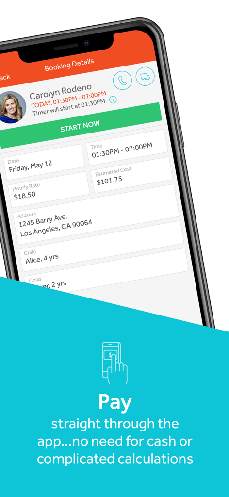 Bambino: Babysitting made easy - A mobile interface of the Bambino app showing babysitter booking details including hourly rates and total cost with a call to action for in-app payments.