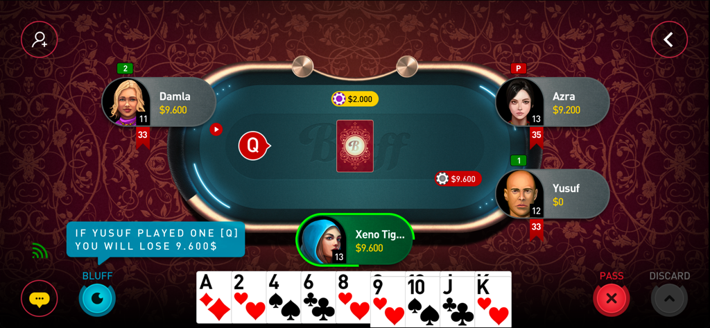 Bluff Game - A four-player online card game match in Bluff Game showing player avatars, virtual chips, and handheld cards on a digital poker table.