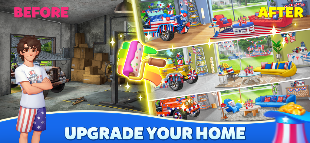 Bingo Home Design-Bingo&Decor - Comparación de antes y después de la renovación de un garaje con decoración temática patriótica