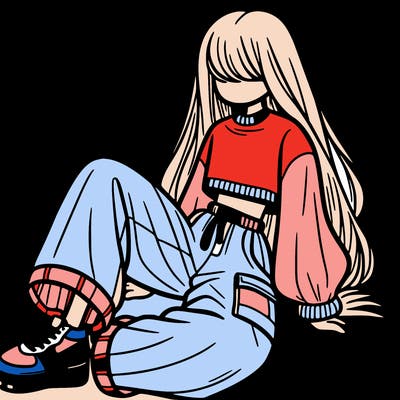 a girl with baggy pants and a crop top with long hair