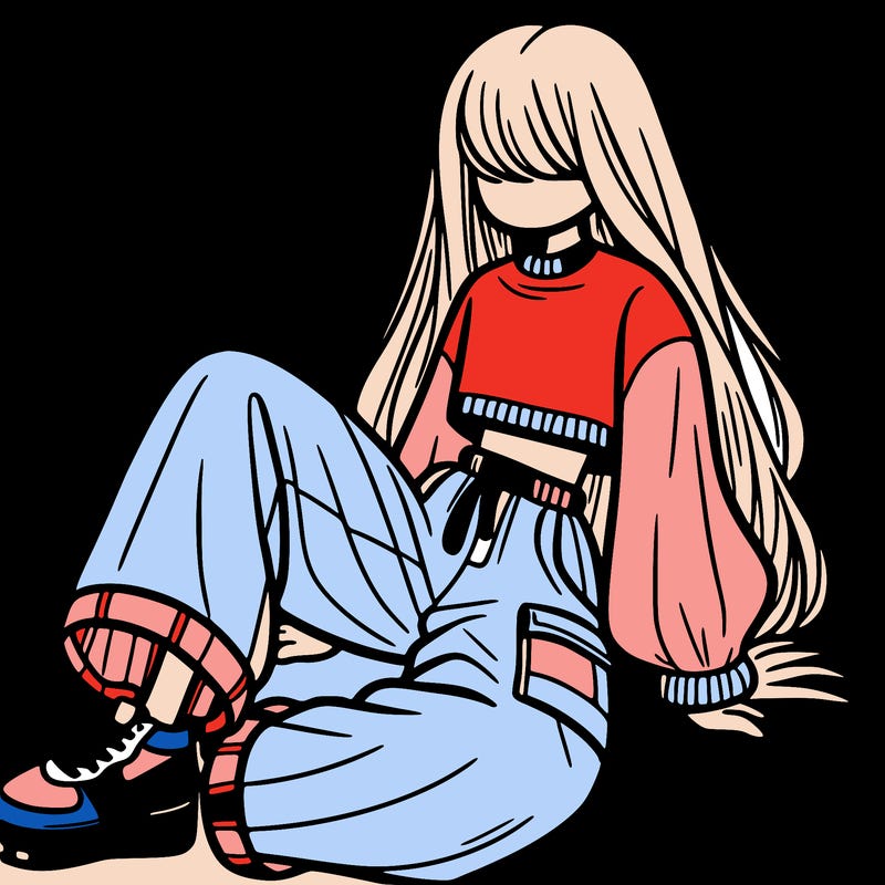 a girl with baggy pants and a crop top with long hair