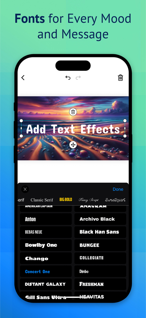 Cover Creator Pro, Cover Maker - Mobile app interface showing a selection of bold and script fonts for adding text effects to social media covers.
