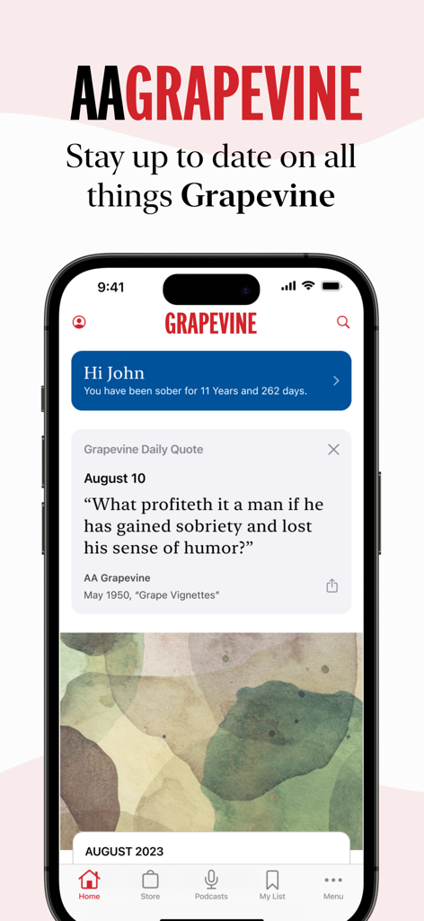 AA Grapevine app home screen showing a sobriety calculator for 11 years and a daily recovery quote.