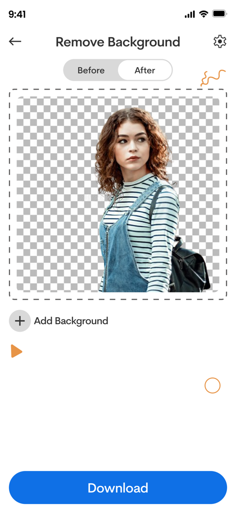Photo Eraser - Remove bg - App interface showing a young woman isolated from her background with a transparent checkerboard effect