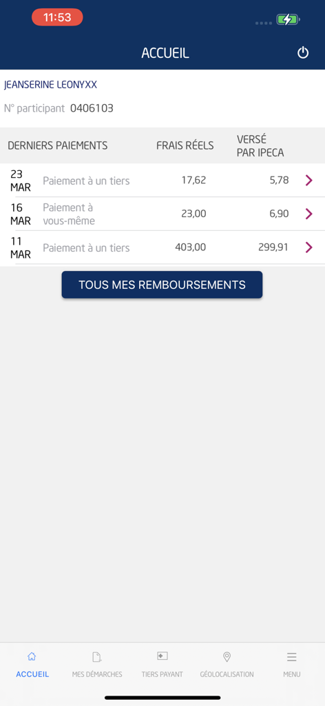 Écran d'accueil de l'application MyIPECA affichant les détails des récents remboursements médicaux et les informations du compte utilisateur