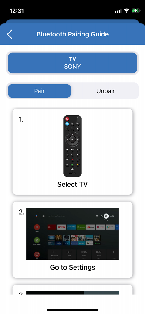 RCA Smart Remote - Interfaz de la aplicación RCA Smart Remote que muestra instrucciones paso a paso de emparejamiento por Bluetooth para un televisor Sony