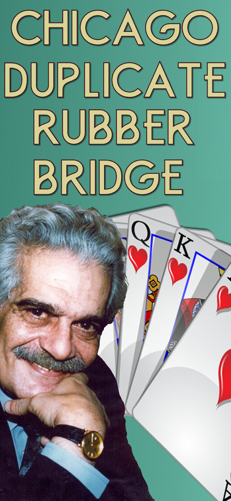 Omar Sharif Bridge Card Game - Portrait of Omar Sharif and list of bridge game modes including Chicago Duplicate and Rubber Bridge