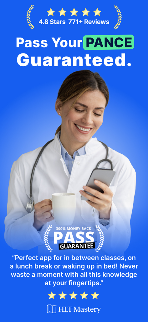 PANCE PANRE Mastery Test 2026 - A smiling physician assistant student using the PANCE mastery app on her smartphone