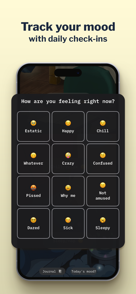 A screen from the Lola app showing a mood tracking interface with twelve different emoji options to select.