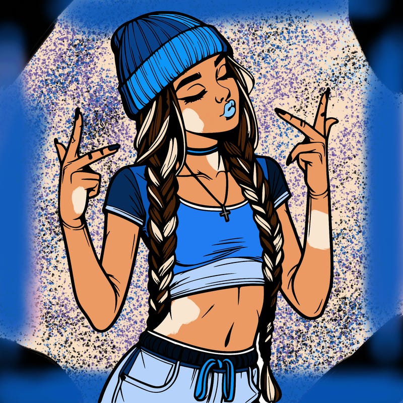 realistic teenage girl with braids and a beanie and crop top doing 🫶🏼