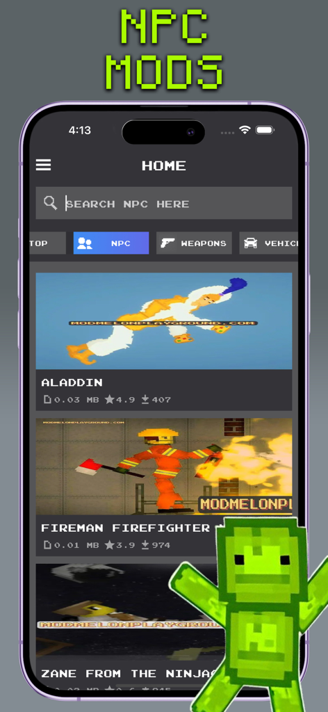Mods for Melon Playgrounds - Captura de pantalla de la sección de mods de PNJ en la aplicación Mods para Melon Playgrounds mostrando opciones de personajes como Aladdin y Bombero.