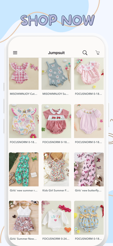 Cheap Kids Clothing Fashion - Un'interfaccia dell'app mobile che mostra una griglia di tute e pagliaccetti colorati per neonati e bambini.