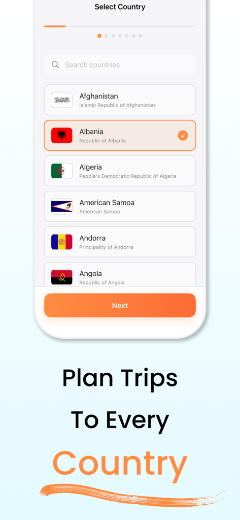 Trip Together: AI Travel Guide - Bildschirm zur Auswahl von Reisezielen in der App Trip Together KI-Reiseführer