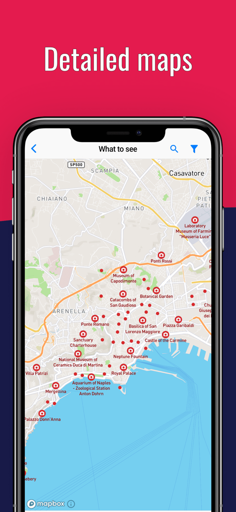 나폴리 여행 가이드 앱 내 관광 명소 및 랜드마크를 강조 표시하는 나폴리의 상세 오프라인 지도