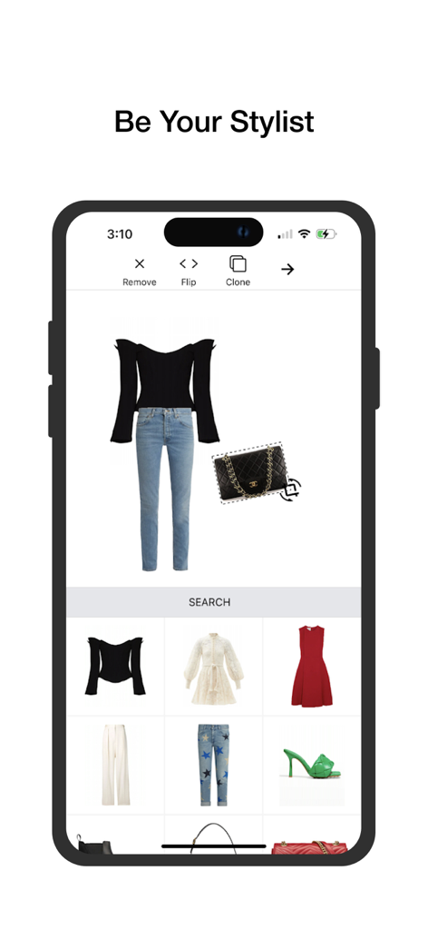 Smart Closet app interface showing a virtual outfit creation tool with various clothing items