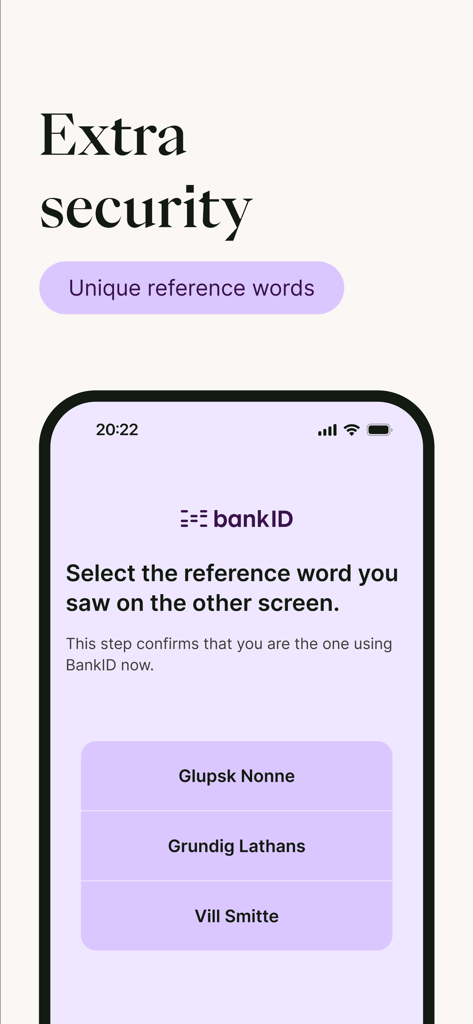 BankID app screen showing extra security verification with unique reference words