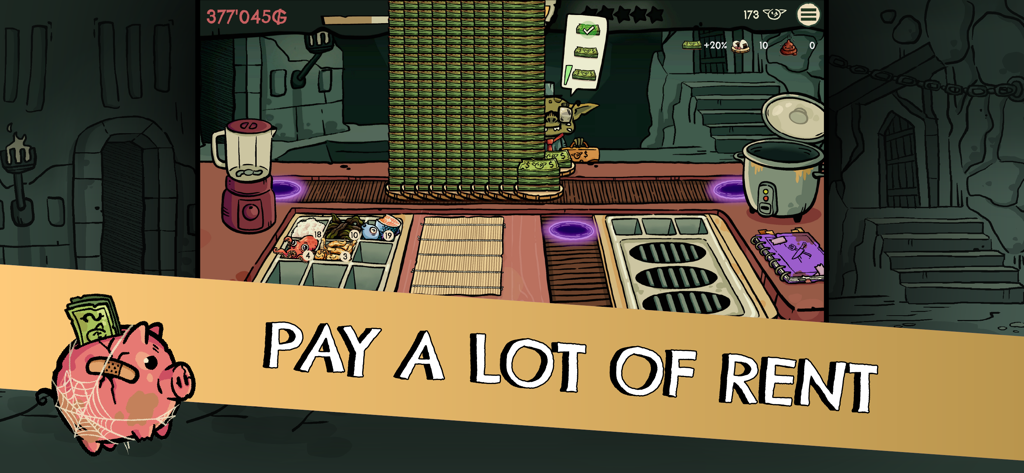Goblin Sushi - A goblin chef behind a sushi counter with a huge stack of money and the text Pay A Lot Of Rent