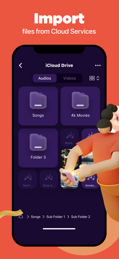App Video to MP3 Converter che mostra la schermata di importazione cloud con le cartelle di iCloud Drive.