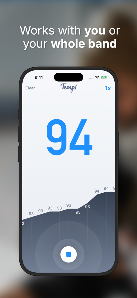 Tempi: BPM Counter & Detector - Interfaccia dell'app Tempi che mostra un tempo rilevato di 94 BPM e un grafico delle prestazioni.