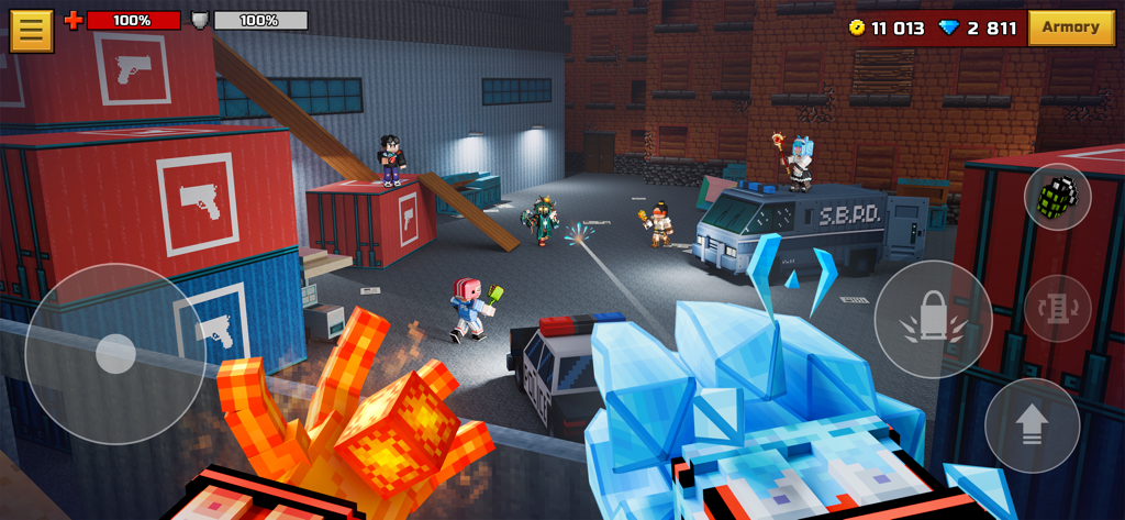 First-person perspective of a multiplayer battle in Pixel Gun 3D with blocky graphics and various player skins in an urban arena