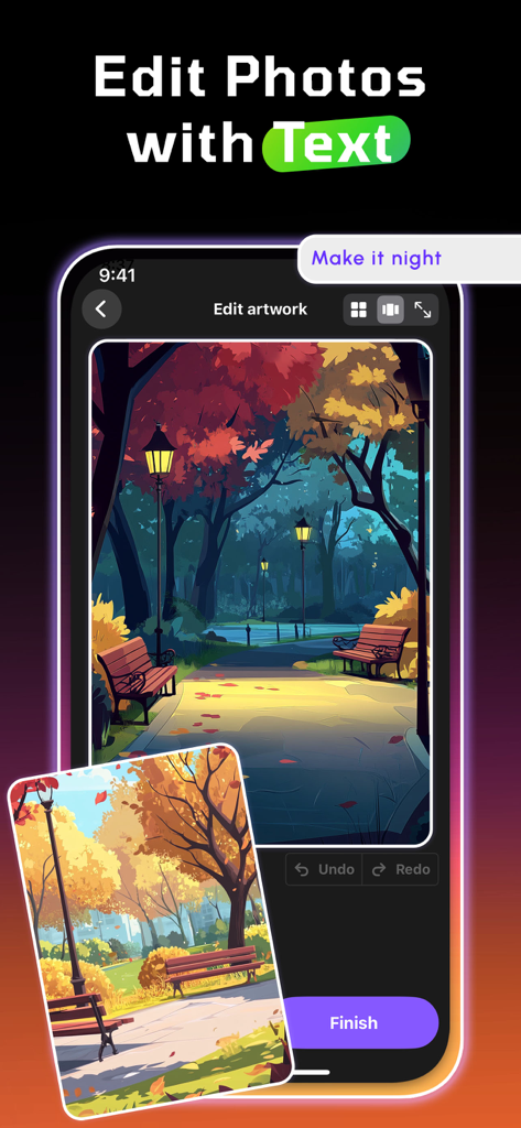 Screenshot dell'app WOMBO Dream che dimostra come modificare un'immagine dal giorno alla notte utilizzando un prompt di testo