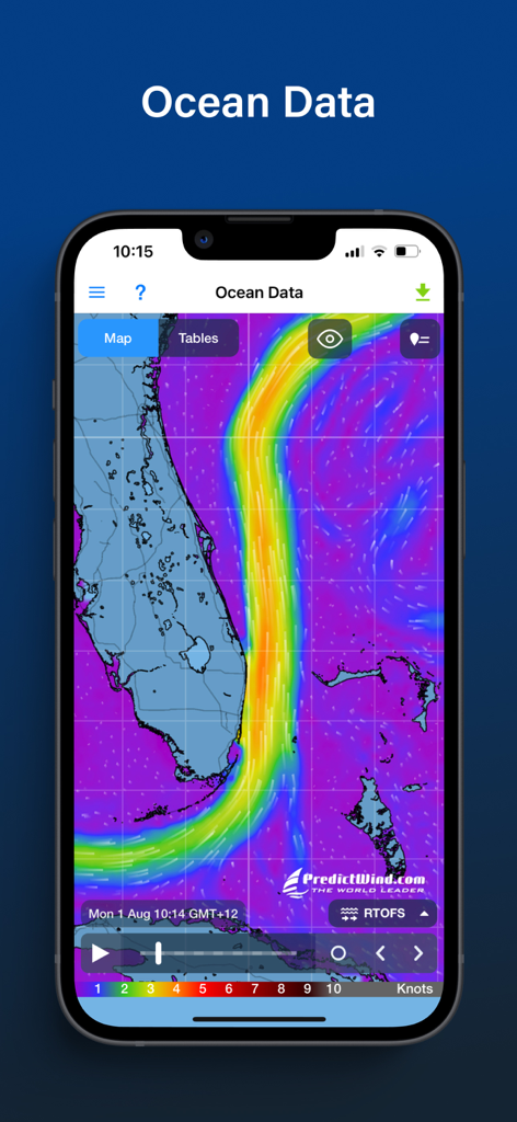 PredictWind Offshore Weather - PredictWind Offshore app displaying ocean current data and map for the Florida coast