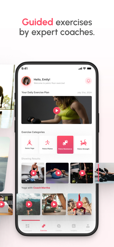 Pelvic Floor & Core Coach - Screenshot of the Pelvic Floor and Core Coach app showing guided exercise categories like Pelvic Yoga and Pilates with expert video tutorials