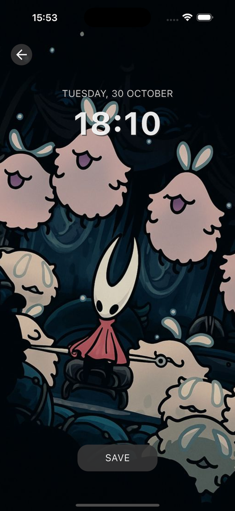 Fanart Silksong Wallpaper HD+ - A preview of a Silksong fanart wallpaper featuring Hornet surrounded by cute pink creatures on an iPhone lock screen