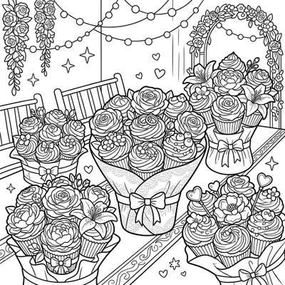 Indulge in the sweetness of romance with this enchanting coloring page featuring beautiful cupcake bouquets set against a festive wedding backdrop. Each intricately designed cupcake, adorned with wedding-themed details, offers a delightful and relaxing artistic escape for colorists of all ages.