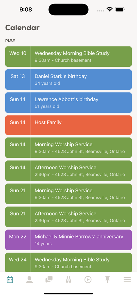 Church Social - The Church Social app calendar view showing a list of upcoming worship services, bible studies, birthdays, and anniversaries.