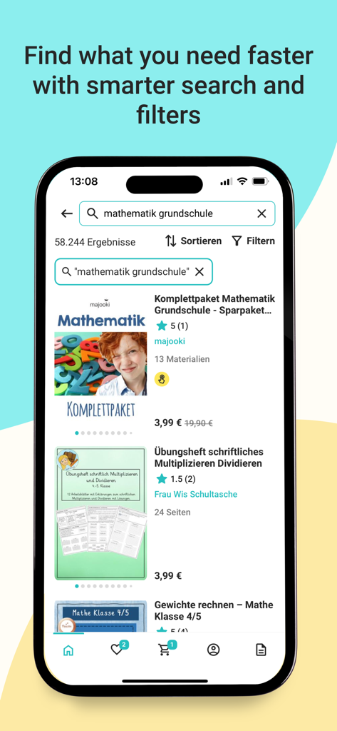Search results for math teaching materials on the eduki app with smart filter and sorting options.