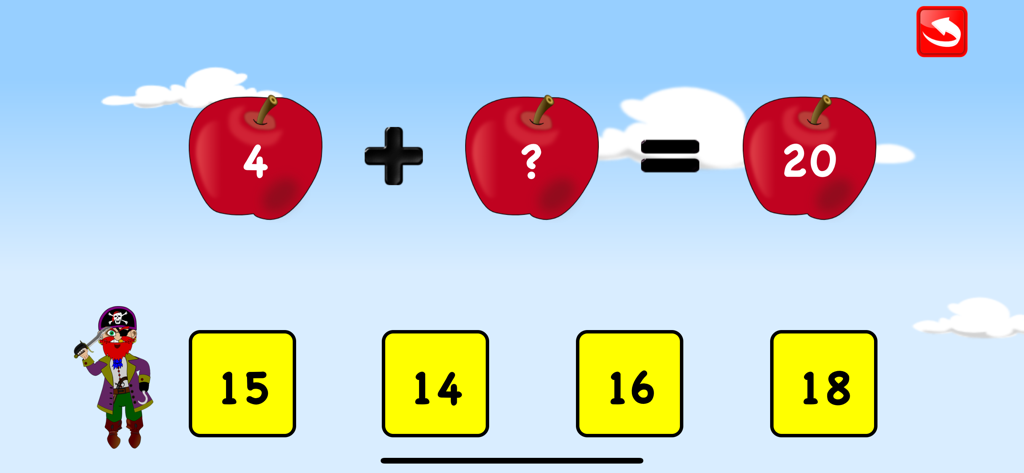 Second Grade Math Games Kids - Second grade math addition game showing 4 plus a missing number equals 20 with apples and multiple choice options
