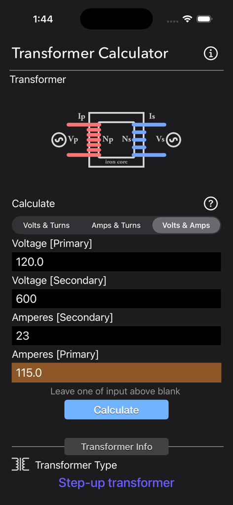Mobile app interface for Transformer Calculator Plus showing electrical values and calculation for a step-up transformer
