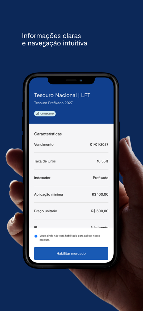 BTG Pactual Parceiros - Teléfono inteligente que muestra información detallada de una inversión de renta fija, incluidas las tasas de interés y las fechas de vencimiento en la aplicación BTG Pactual Parceiros