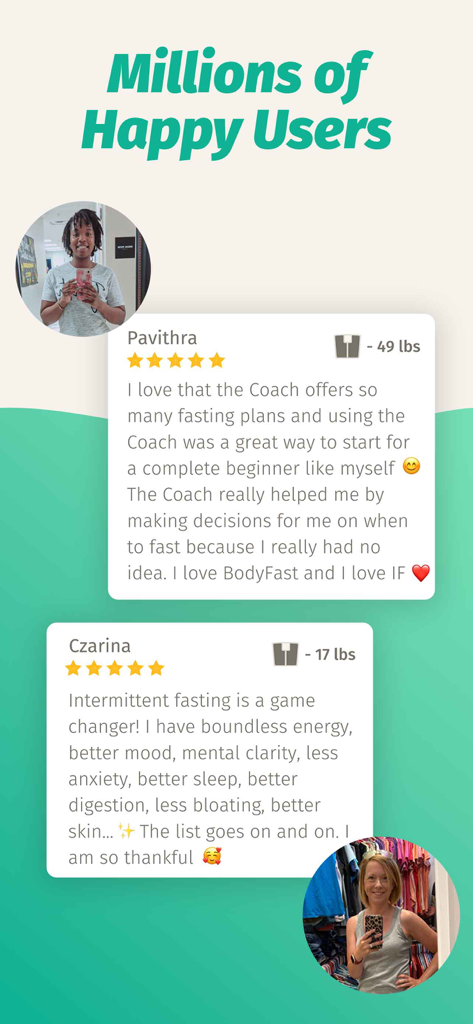Two user reviews for BodyFast showing 5-star ratings and weight loss results of 49 lbs and 17 lbs.