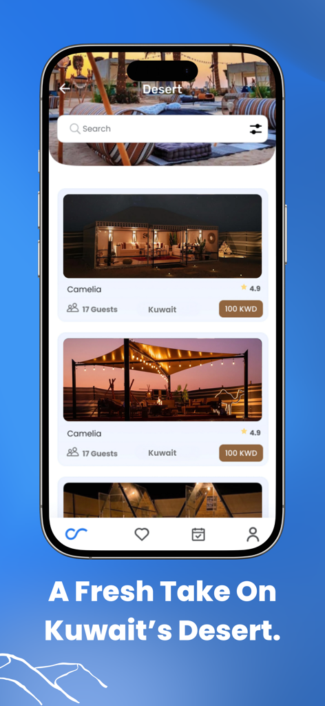 Coastals - Pantalla de la aplicación Coastals mostrando reservas de campamentos de lujo en el desierto en Kuwait