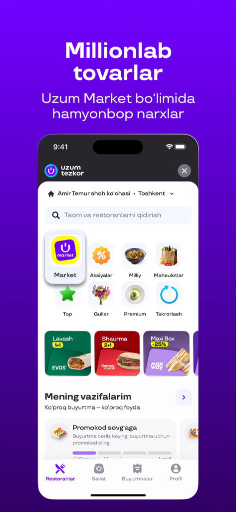 Uzum Tezkor－Ovqat, mahsulotlar - Écran d'accueil de l'application mobile Uzum Tezkor montrant des catégories de livraison de nourriture et des offres promotionnelles