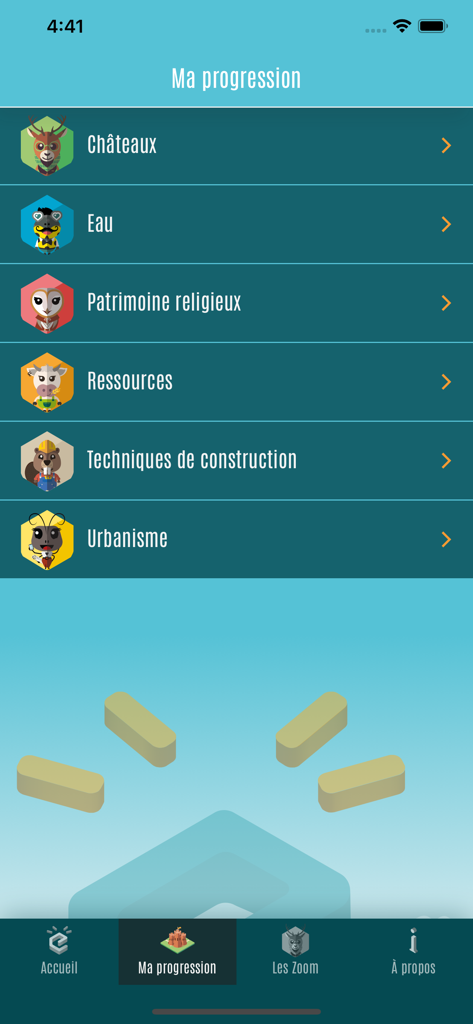 PÉPIT - User progress screen in the PEPIT app showing treasure hunt categories with character icons