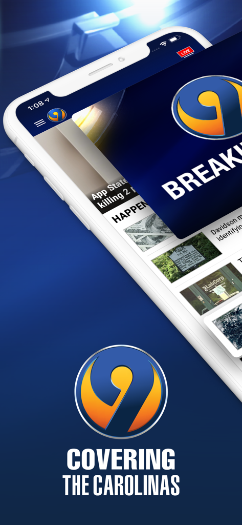 WSOC-TV News - WSOC-TV News app on a smartphone featuring the logo and the slogan Covering the Carolinas