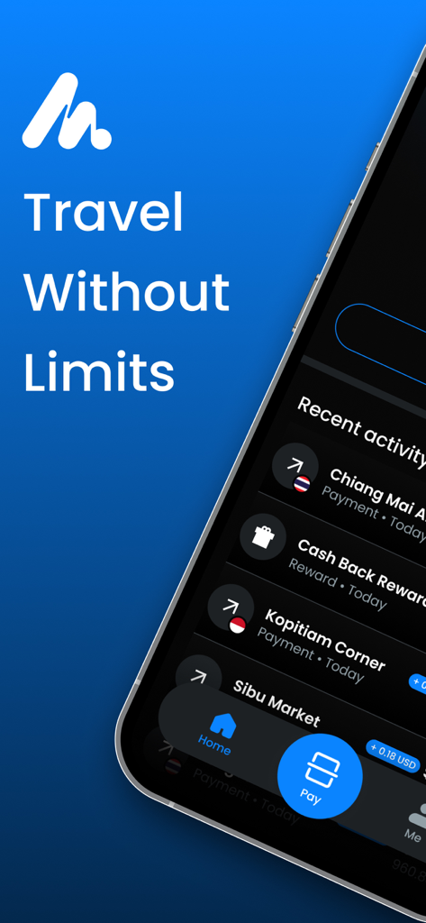 Moreta Pay mobile app screen showing the slogan Travel Without Limits and a list of recent travel transactions.
