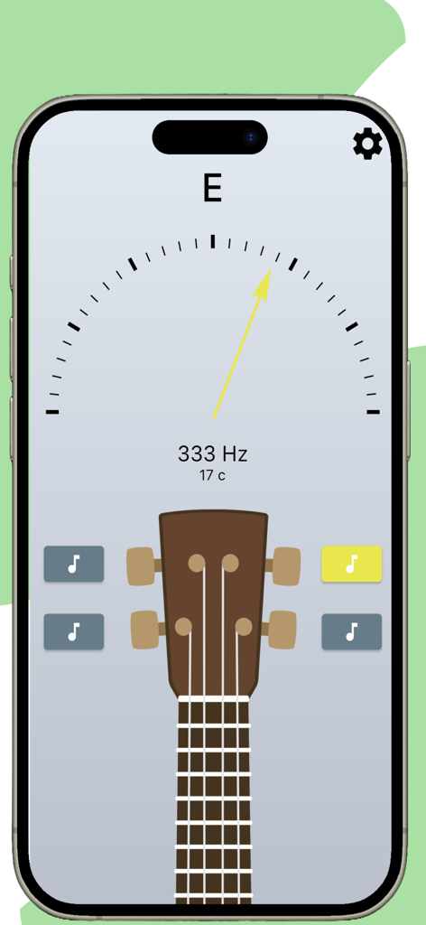 Ukulele Tuner - Simple Tuner - Interface de l'application mobile d'accordeur de ukulélé montrant un indicateur d'aiguille et une visualisation de l'accordage des cordes