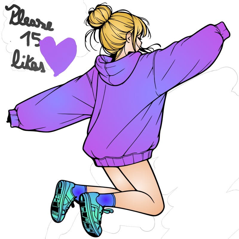 realistic girl jumping with a bun and oversized sweatshirt