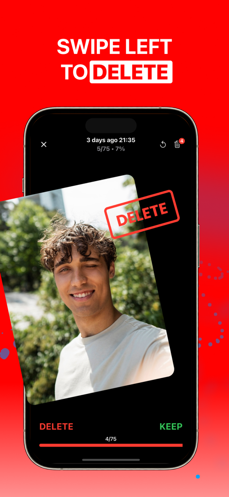 Folix - A smartphone displaying the Folix app with a photo being swiped left to delete and text reading swipe left to delete.