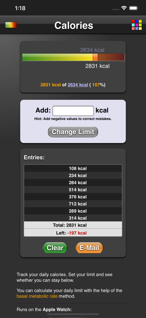 Calories - Interfaccia principale dell'app Calorie che mostra le voci dell'apporto calorico giornaliero e una barra di avanzamento rispetto al limite