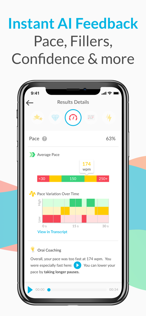 Orai app screen showing AI feedback on speaking pace and coaching tips