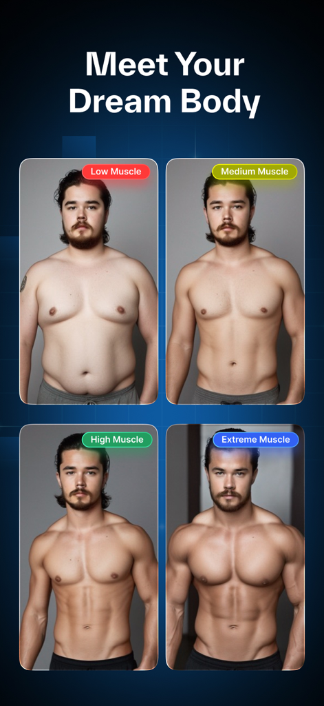Comparaison en quatre parties montrant un homme transformé avec des filtres musculaires IA faibles, moyens, élevés et extrêmes