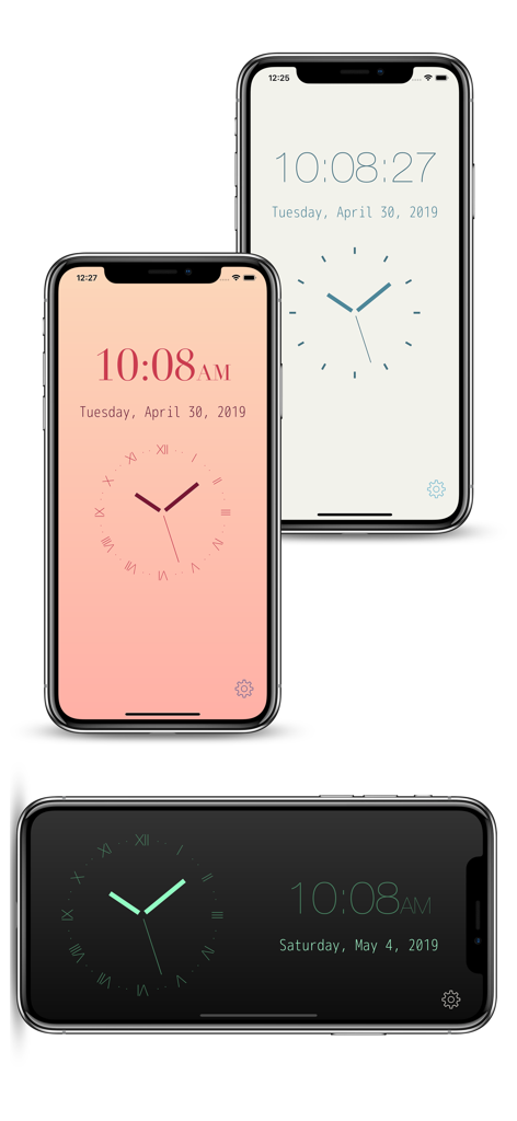 Tres iPhones que muestran diferentes esferas de reloj digitales y analógicas personalizables en varios temas de color, incluido el modo horizontal