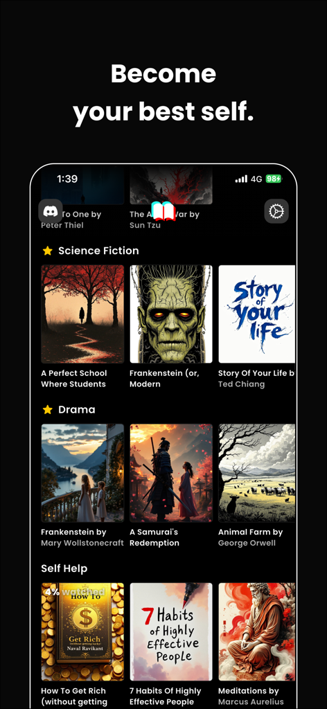 Mobile App-Oberfläche von Booktok, die eine Bibliothek von Video-Buchzusammenfassungen zeigt, kategorisiert nach Science-Fiction, Drama und Selbsthilfe-Genres.